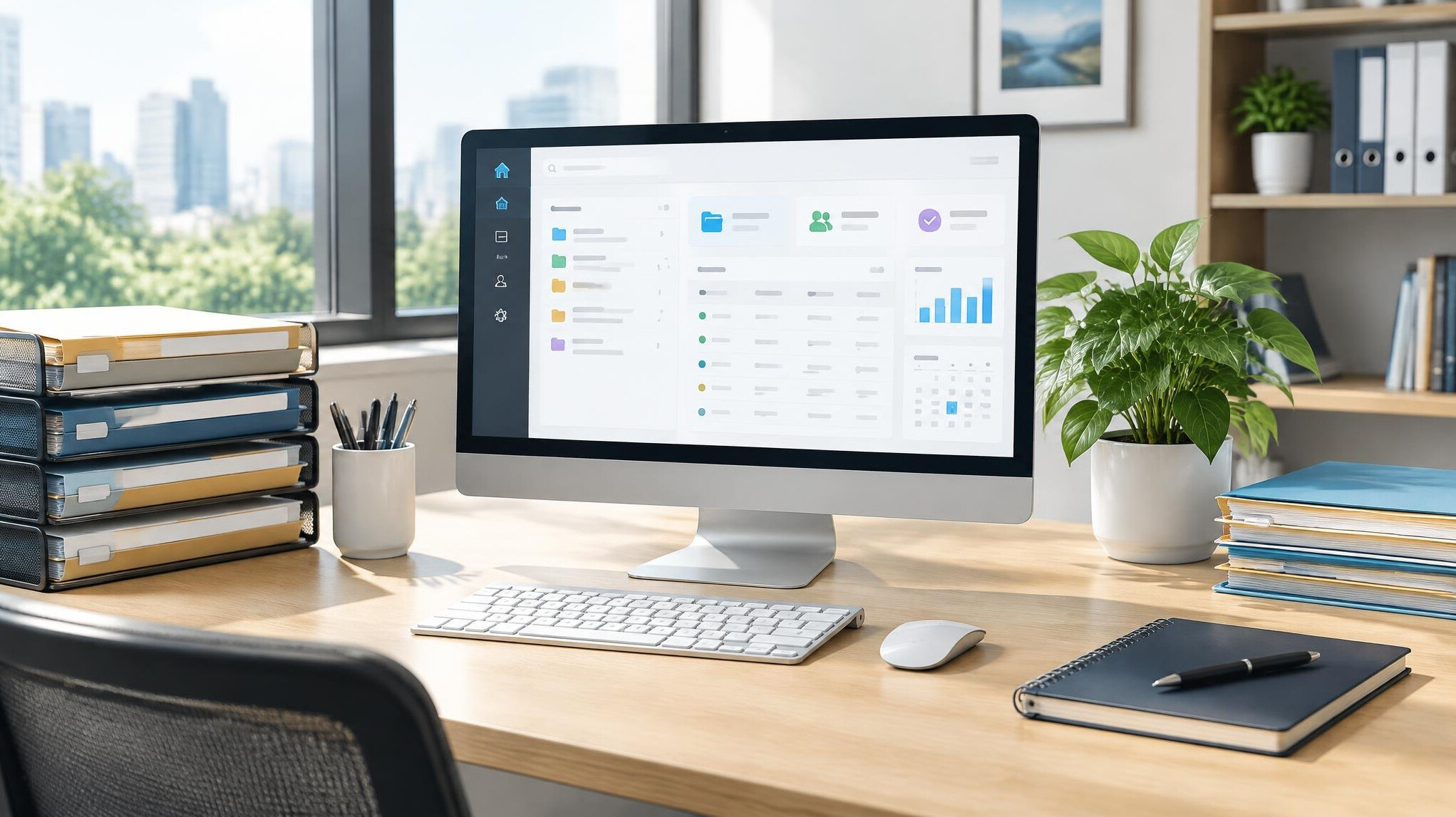 Modern office workspace with documents and a computer screen
